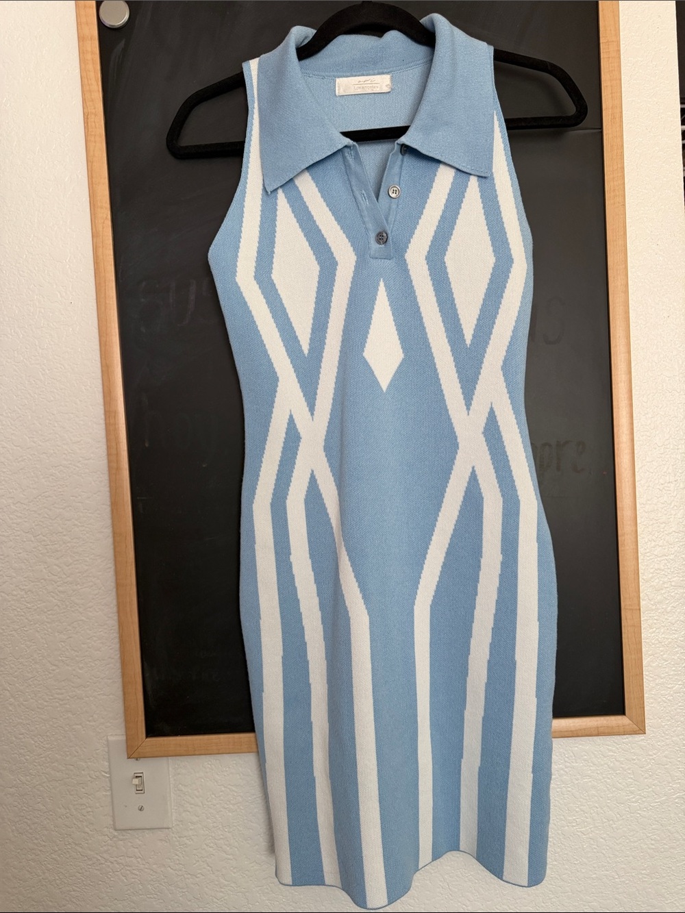 Sleeveless Polo Knit Dress in Light Blue and White